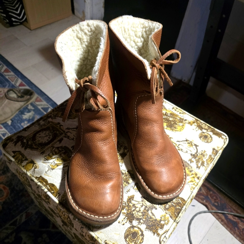 Brown Lace Up Boots with Textured Leather and Stitched Details